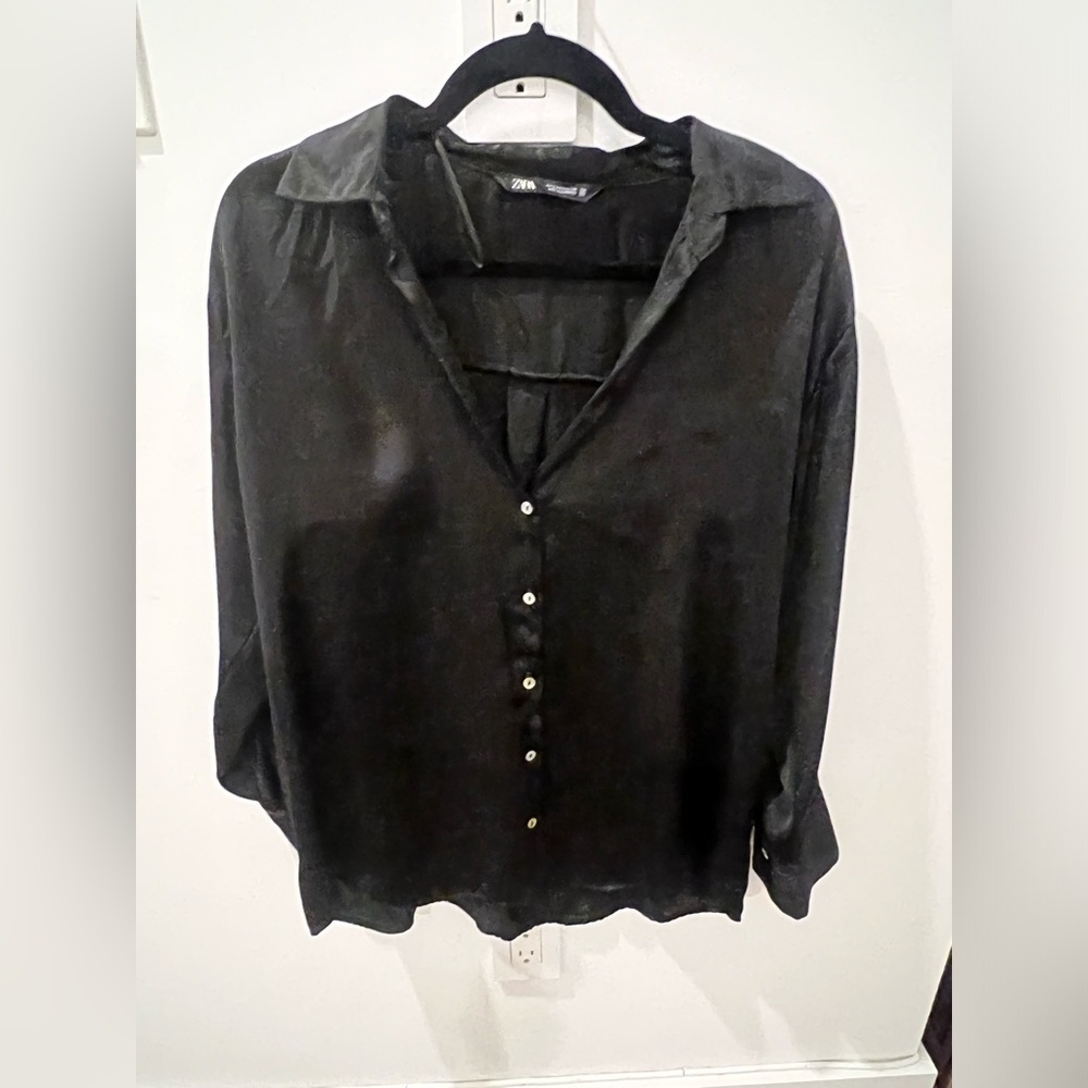 Black Satin Oversized Button Down - image 1